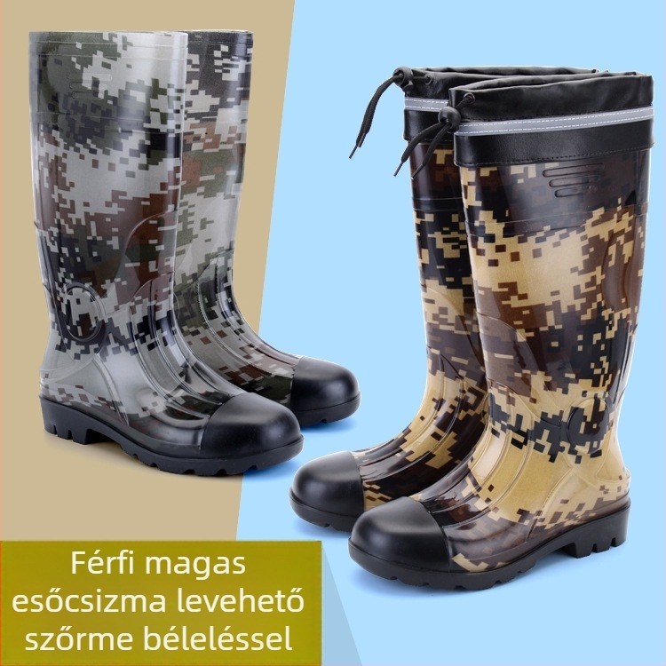 Férfi esőcsizmák, magas szárú, PVC felső rész, kamuflázs mintás, műanyag talp, csúszásmentes