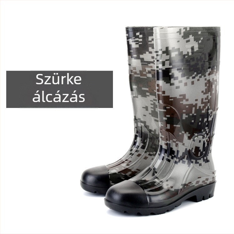 Férfi esőcsizmák, magas szárú, PVC felső rész, kamuflázs mintás, műanyag talp, csúszásmentes