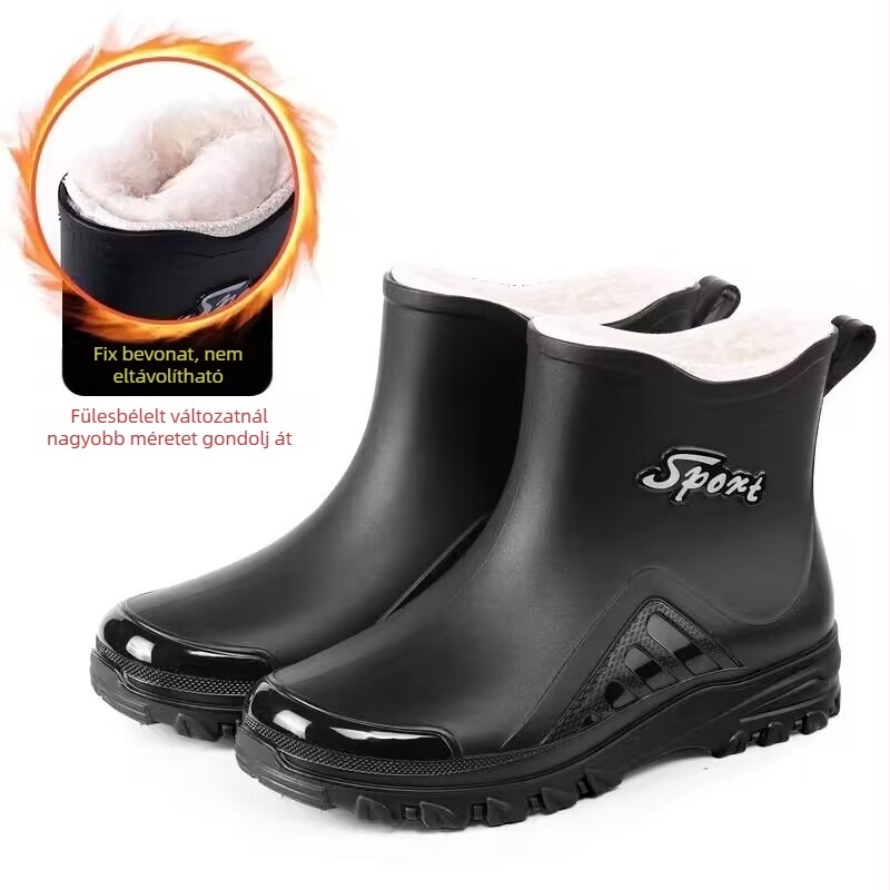 Férfi esőcsizma, PVC felsőrész, rövid slip-on, vízálló és csúszásmentes, műszálas bélés, alacsony sarkú