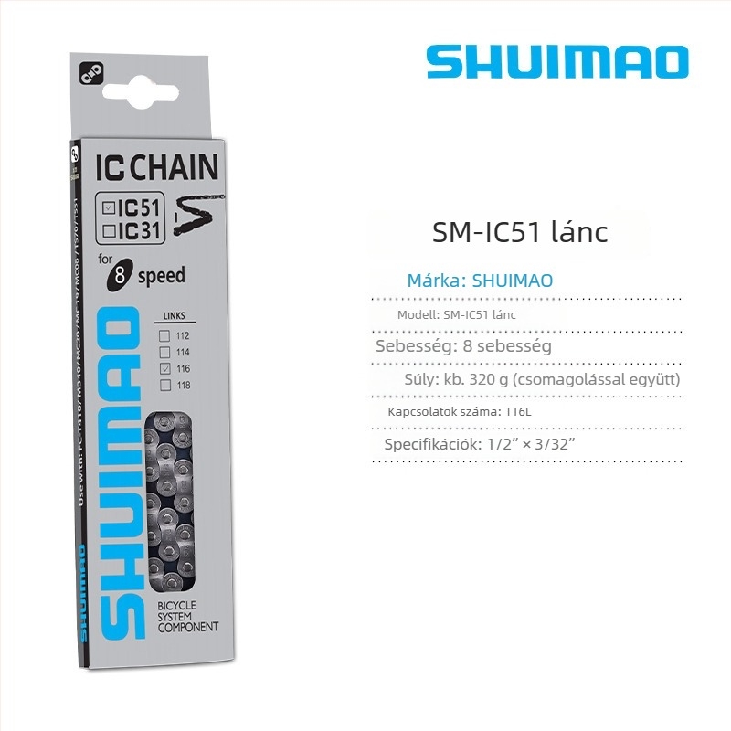 Kerékpár lánc 8–12 sebességhez; magas széntartalmú acél; 12,7-es pitch; hossz 116L/126L
