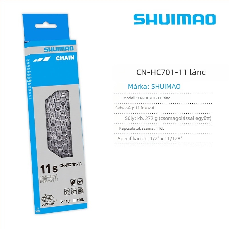 Kerékpár lánc 8–12 sebességhez; magas széntartalmú acél; 12,7-es pitch; hossz 116L/126L