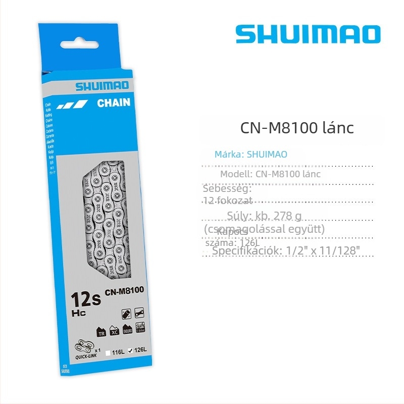 Kerékpár lánc 8–12 sebességhez; magas széntartalmú acél; 12,7-es pitch; hossz 116L/126L