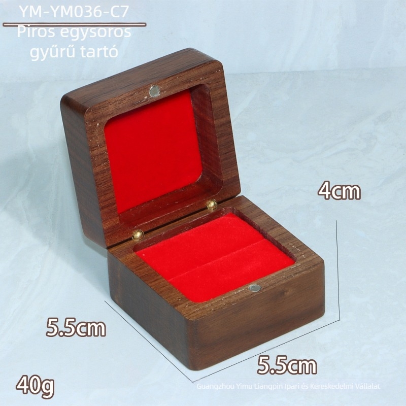 Walnutfa négyszögletes gyűrűsdoboz — ékszercsomagolás, szállítási csomagolás, külső kartonban egy polietilén zacskó