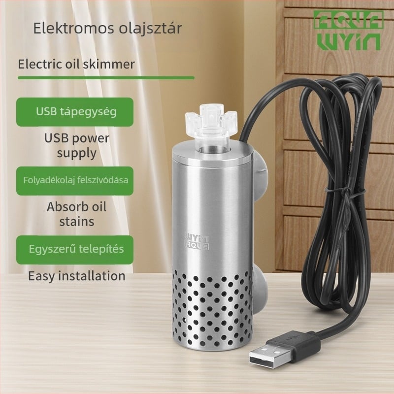 WYIN Akváriumi elektromos olajfilm eltávolító – rozsdamentes acél, USB tápegység, szívócsésze, 210 g