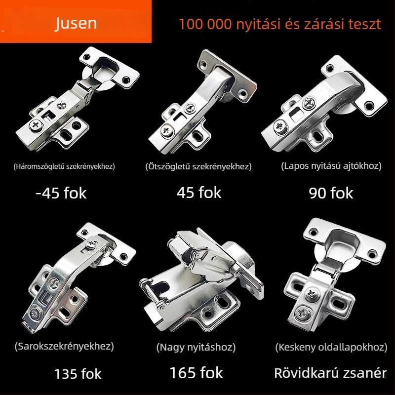 Jusen 175 sarokpántok, 165 pántok, 45° ferde szekrényajtó, 135 összekapcsoló ajtó, 270 szekrénypánt csillapítóval