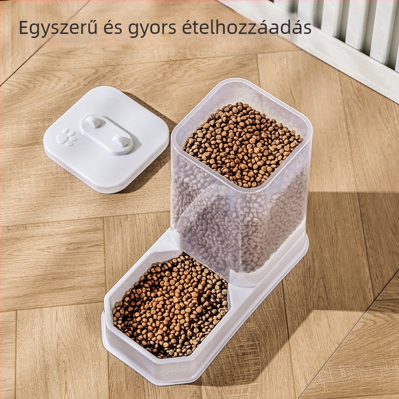 Macska vízadagoló és nagy kapacitású automata etető, élelmiszer-tároló tartály, macska- és kutya tál