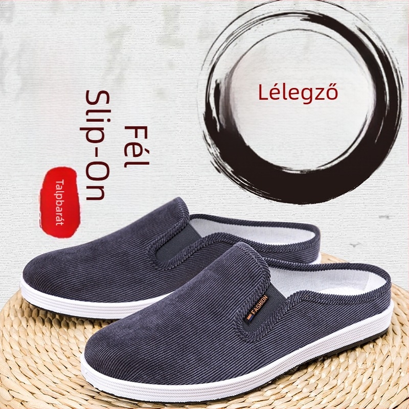 Férfi vászon Slip-On cipő, hátul nélkül, lazább stílus, műanyag talp, injektált talp-technológia