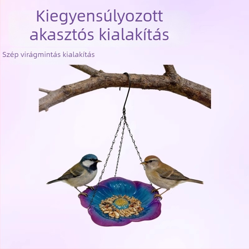 Egyensúlyozó, függő madáretető víz- és etető adagolóval — virágos stílusú erkély- és kertdísz, fém