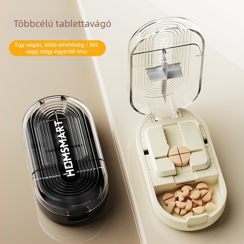 Beépített tablettavágóval és elválasztóval ellátott tablettatároló, 18 rekesz, flip-top fedél, ABS+PC porálló