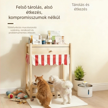 Fából készült macska- és kutya etetőállomás tálakkal és tároló szekrénnyel