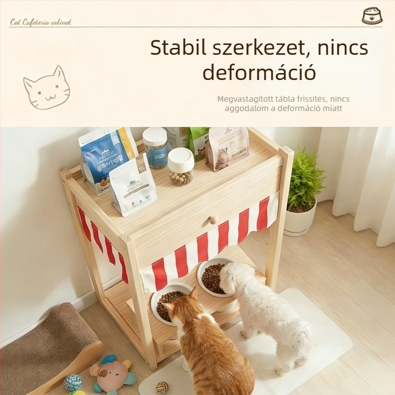 Fából készült macska- és kutya etetőállomás tálakkal és tároló szekrénnyel