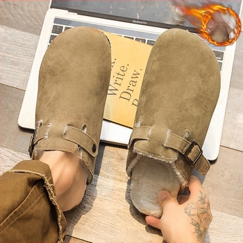 Férfi téli papucs vastag talppal a magasság növelésére, bolyhos bélés, EVA felső és EVA talp, slip-on Birkenstock-stílusú lábbeli beltéri és kültéri használatra