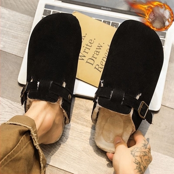 Férfi téli papucs vastag talppal a magasság növelésére, bolyhos bélés, EVA felső és EVA talp, slip-on Birkenstock-stílusú lábbeli beltéri és kültéri használatra