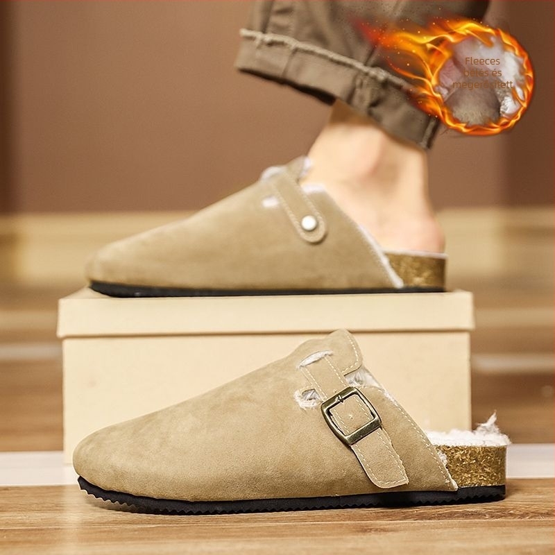 Férfi téli papucs vastag talppal a magasság növelésére, bolyhos bélés, EVA felső és EVA talp, slip-on Birkenstock-stílusú lábbeli beltéri és kültéri használatra