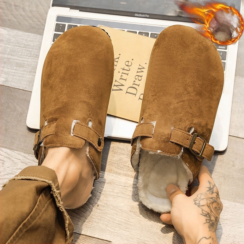 Férfi téli papucs vastag talppal a magasság növelésére, bolyhos bélés, EVA felső és EVA talp, slip-on Birkenstock-stílusú lábbeli beltéri és kültéri használatra