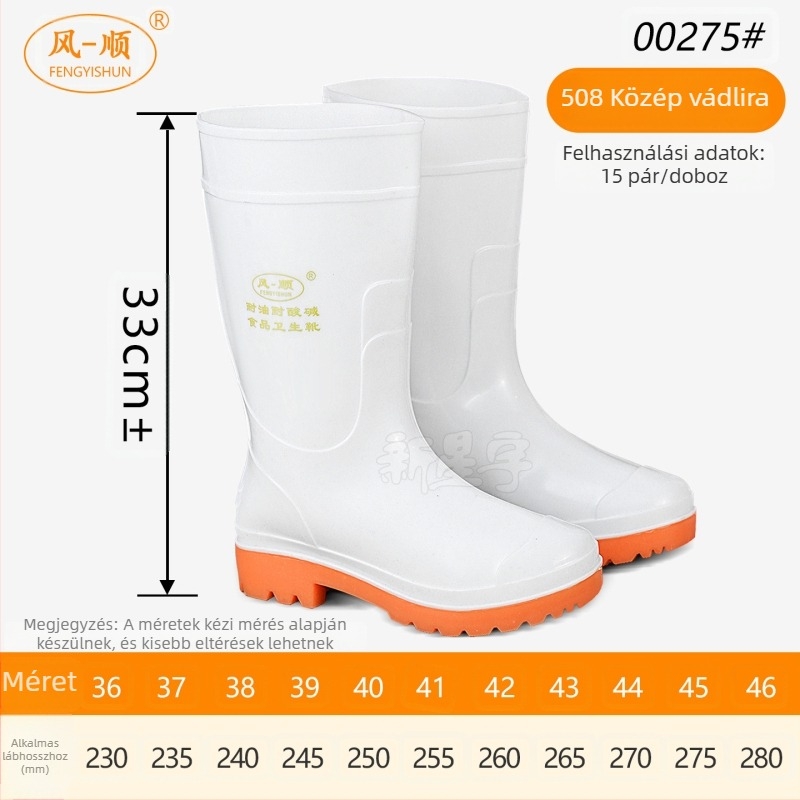 Élelmiszeripari higiénikus csizma, magas szárú, PVC felsőrész, csúszásmentes, olaj- és sav-bázis-ellenálló, vízálló