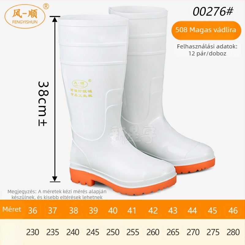 Élelmiszeripari higiénikus csizma, magas szárú, PVC felsőrész, csúszásmentes, olaj- és sav-bázis-ellenálló, vízálló