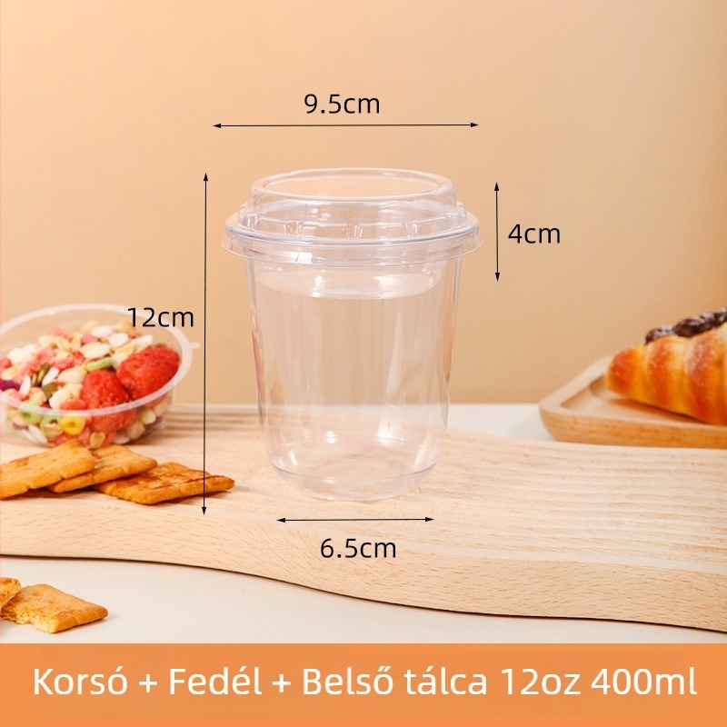 Egyszer használatos PET műanyag pohár, U-alakú, kettős falú, belső rekesszel, tej-tea bolt számára