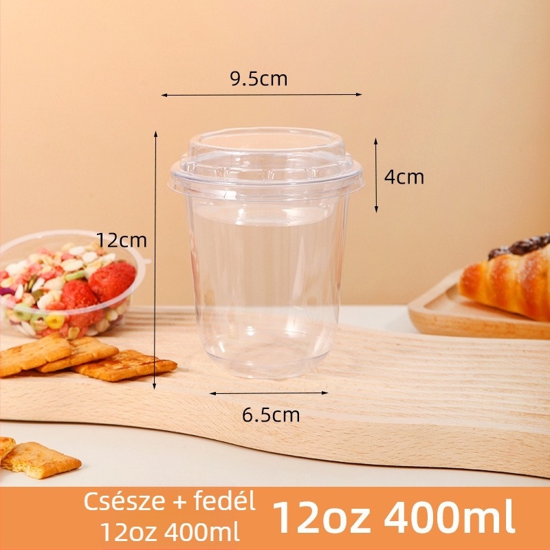 Egyszer használatos PET műanyag pohár, U-alakú, kettős falú, belső rekesszel, tej-tea bolt számára