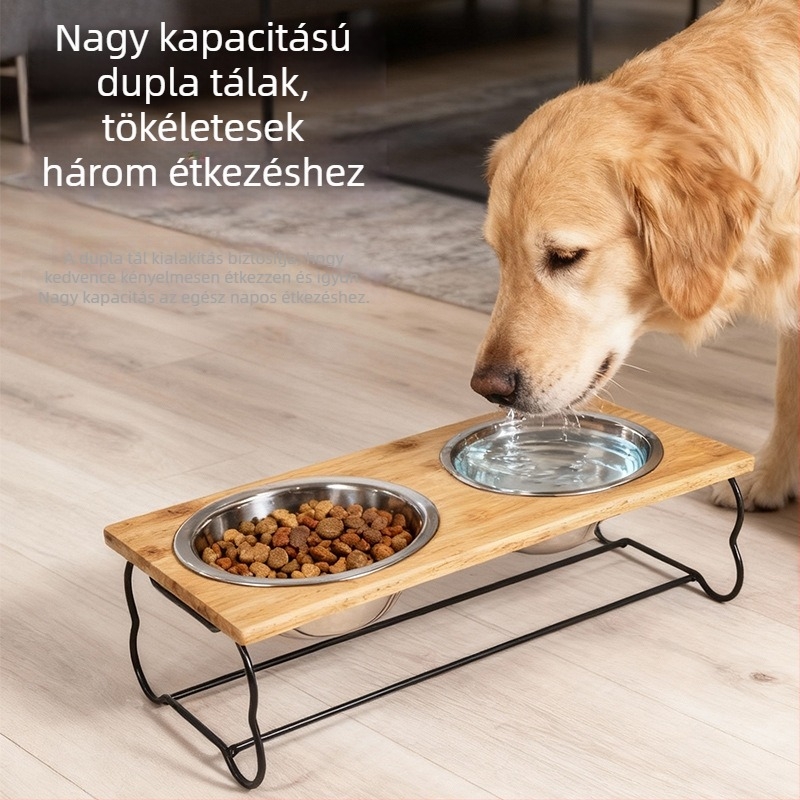 Fa etetőállvány rozsdamentes acél tálakkal macskáknak és kutyáknak
