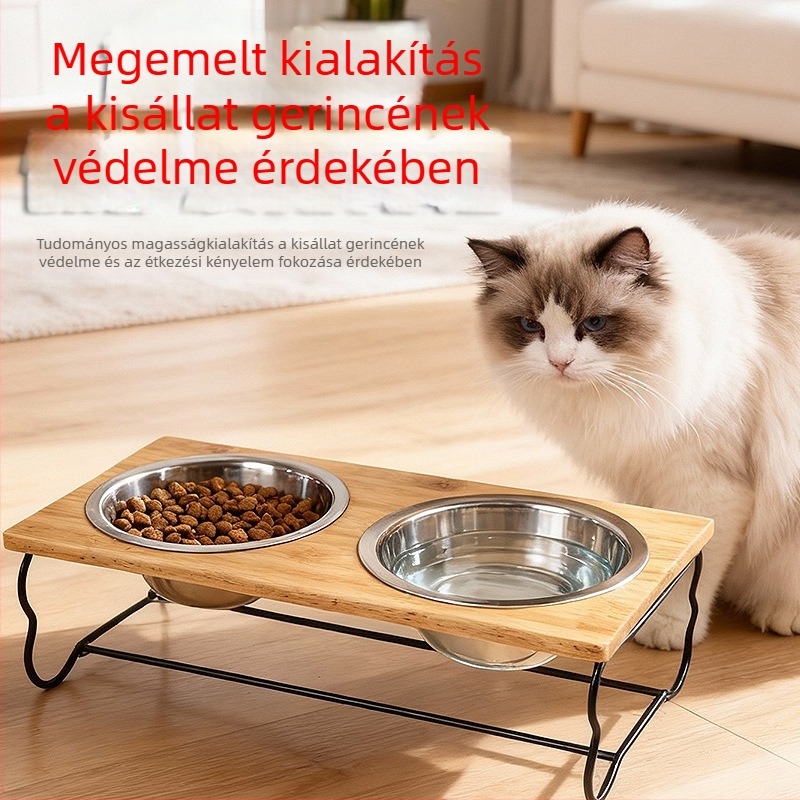 Fa etetőállvány rozsdamentes acél tálakkal macskáknak és kutyáknak