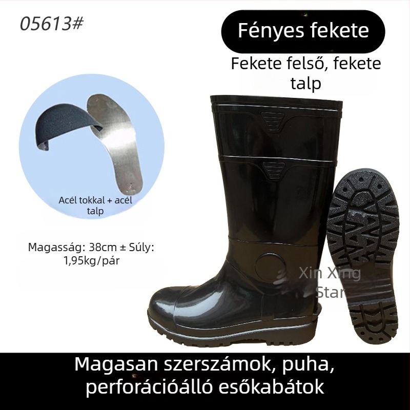 Ipari esőcsizmák, magas szárú, acélorrú, vízálló PVC kivitel
