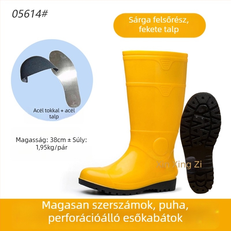 Ipari esőcsizmák, magas szárú, acélorrú, vízálló PVC kivitel