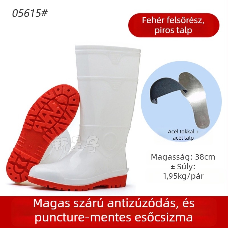 Ipari esőcsizmák, magas szárú, acélorrú, vízálló PVC kivitel