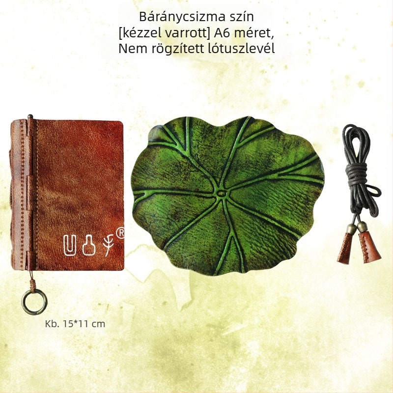 Vázlatfüzet lótuszlevél motívummal, tehénbőrből készült fedéllel, cérnás kötés, 40 gsm papír, 1–50 oldal