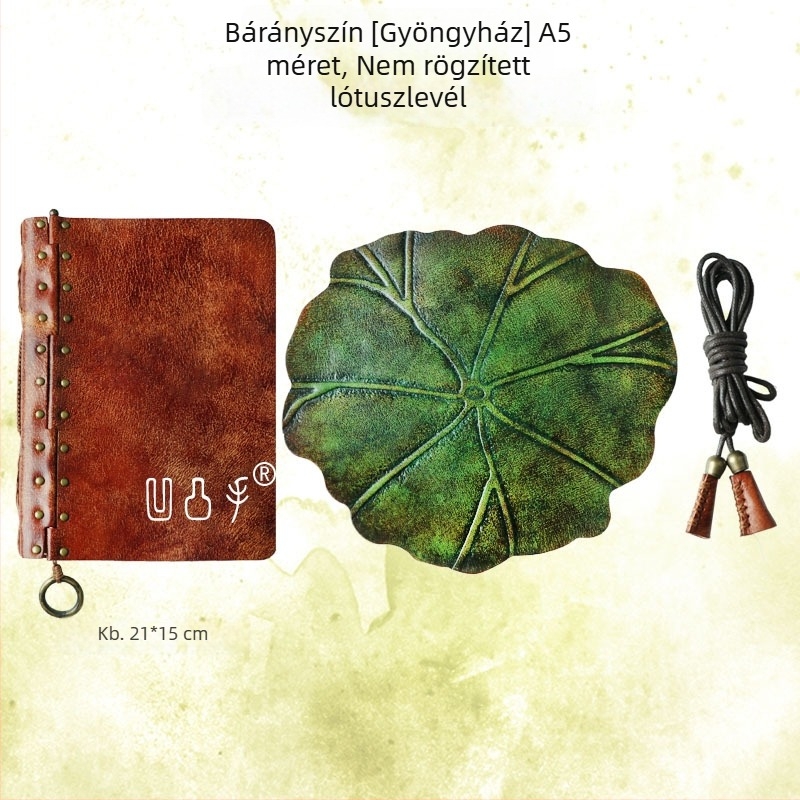Vázlatfüzet lótuszlevél motívummal, tehénbőrből készült fedéllel, cérnás kötés, 40 gsm papír, 1–50 oldal