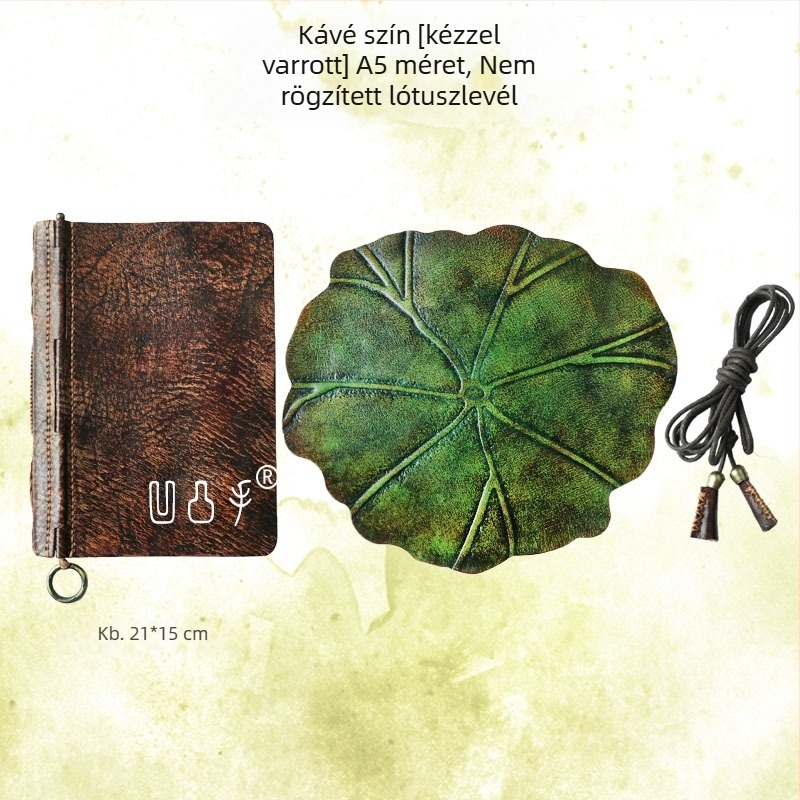 Vázlatfüzet lótuszlevél motívummal, tehénbőrből készült fedéllel, cérnás kötés, 40 gsm papír, 1–50 oldal