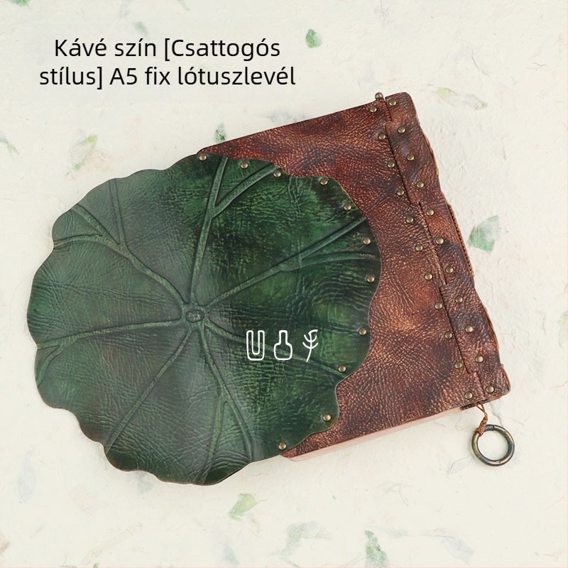 Vázlatfüzet lótuszlevél motívummal, tehénbőrből készült fedéllel, cérnás kötés, 40 gsm papír, 1–50 oldal