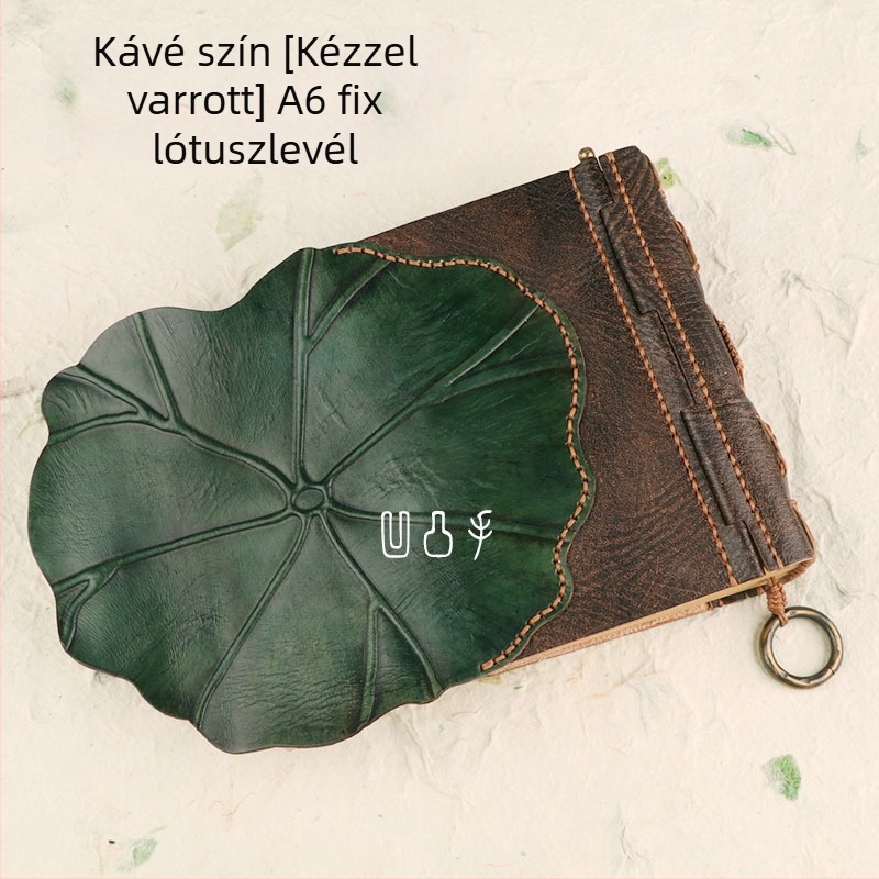 Vázlatfüzet lótuszlevél motívummal, tehénbőrből készült fedéllel, cérnás kötés, 40 gsm papír, 1–50 oldal