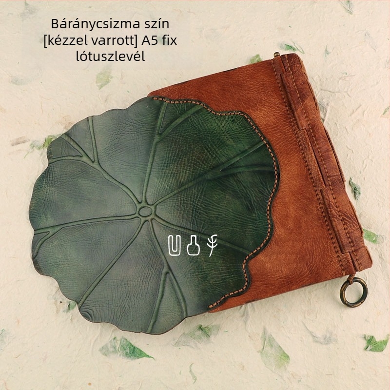 Vázlatfüzet lótuszlevél motívummal, tehénbőrből készült fedéllel, cérnás kötés, 40 gsm papír, 1–50 oldal
