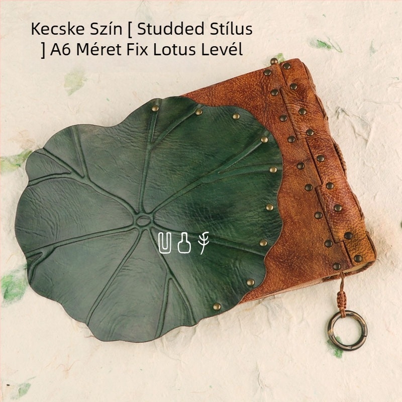 Vázlatfüzet lótuszlevél motívummal, tehénbőrből készült fedéllel, cérnás kötés, 40 gsm papír, 1–50 oldal