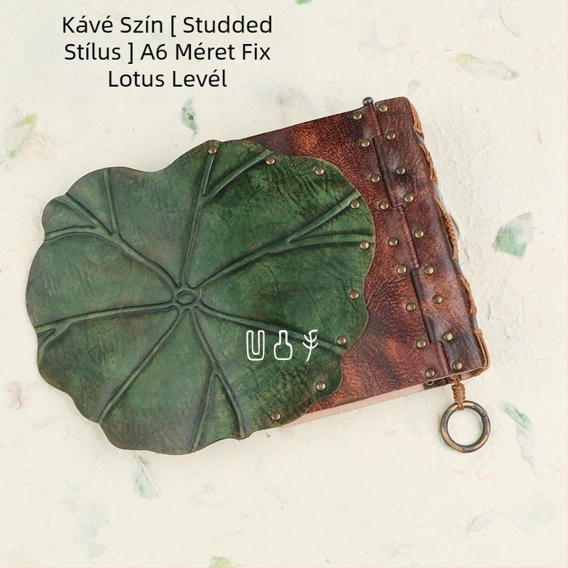 Vázlatfüzet lótuszlevél motívummal, tehénbőrből készült fedéllel, cérnás kötés, 40 gsm papír, 1–50 oldal