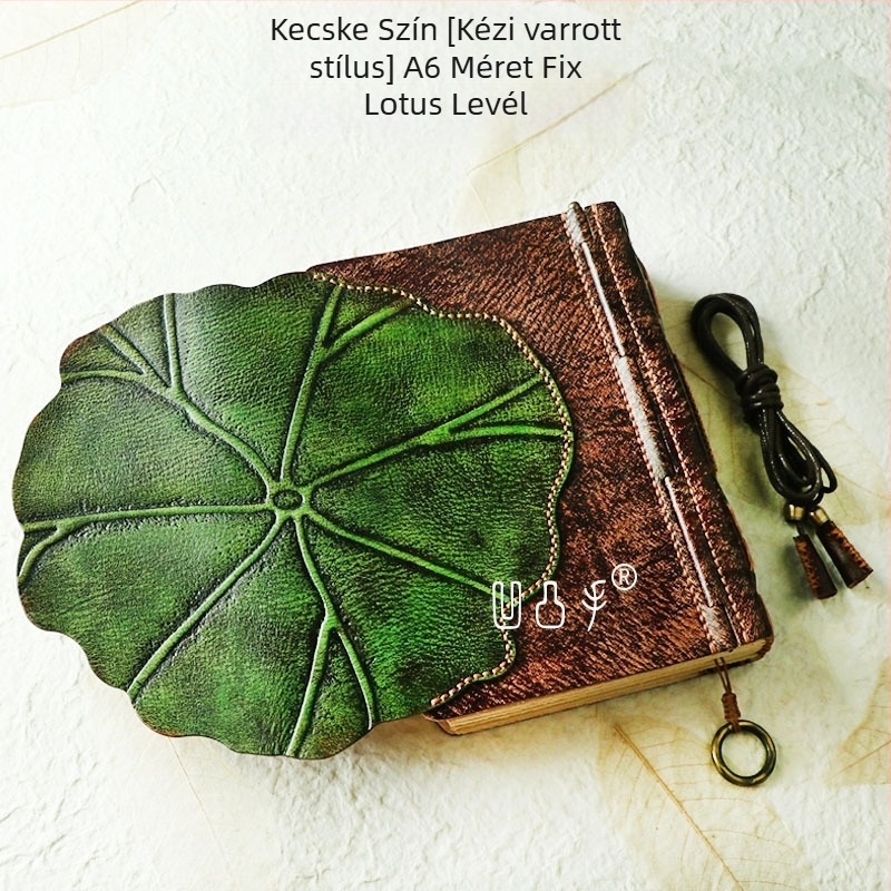Vázlatfüzet lótuszlevél motívummal, tehénbőrből készült fedéllel, cérnás kötés, 40 gsm papír, 1–50 oldal