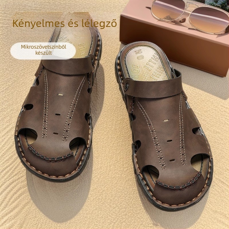 Férfiaknak szabadidős szandál mikroszálas bőr felsőrésszel, gumi talppal, slip-on, nyár 2025