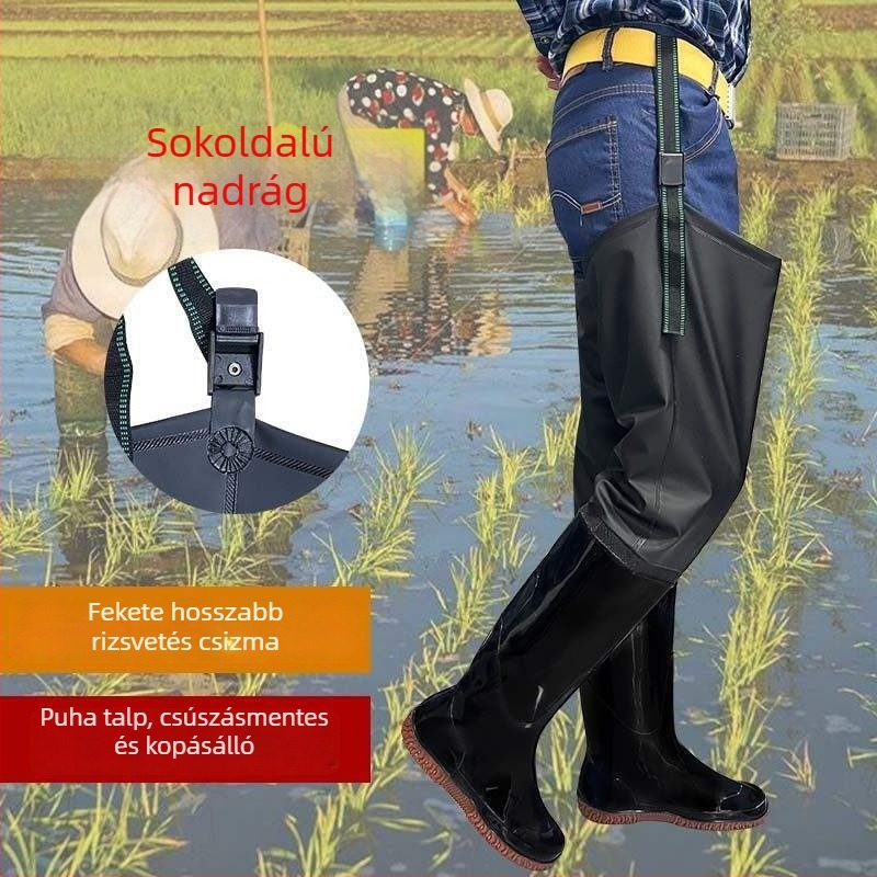 Térdig érő esőcsizma mezőgazdasági területekre — PVC felsőrész és PVC talp, csúszásmentes, könnyű, őszi–téli használat