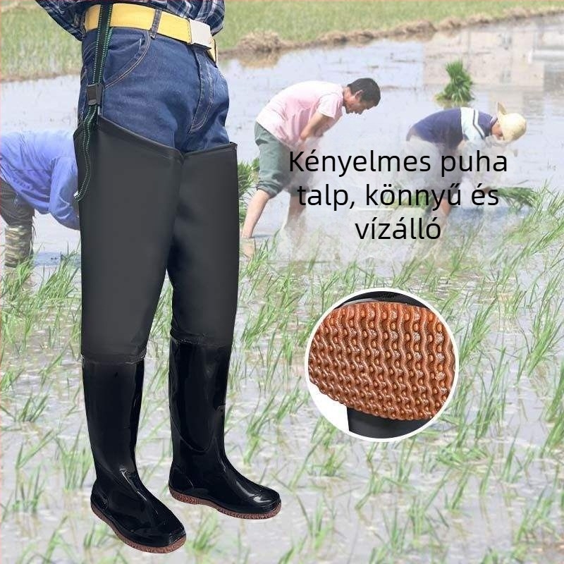 Térdig érő esőcsizma mezőgazdasági területekre — PVC felsőrész és PVC talp, csúszásmentes, könnyű, őszi–téli használat