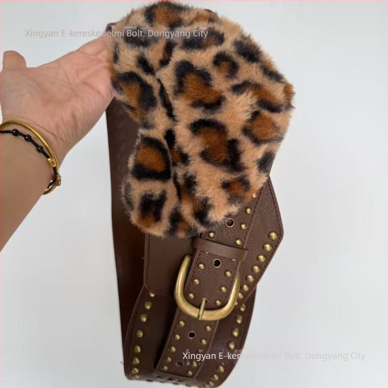 Leopard mintás műbőr öv, varrott dizájn, ötvözet csattal, keskeny szélesség <2 cm, tűs zár, utcai stílus