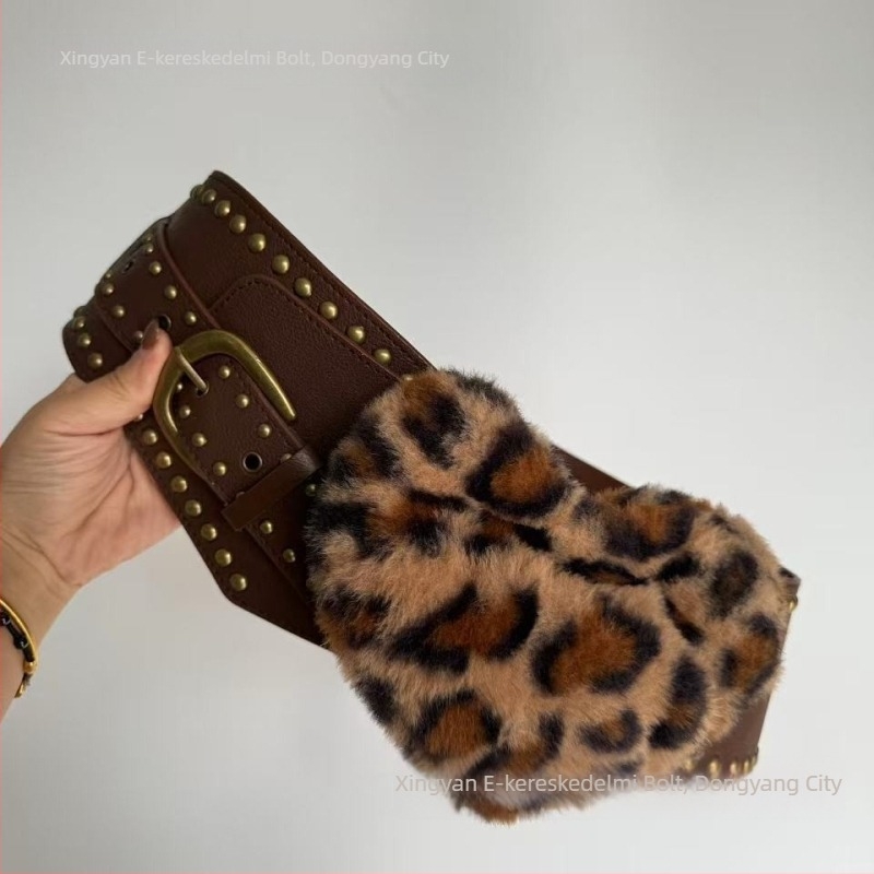 Leopard mintás műbőr öv, varrott dizájn, ötvözet csattal, keskeny szélesség <2 cm, tűs zár, utcai stílus