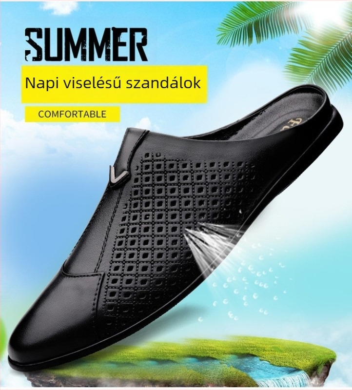 Férfi bőrpántos papucs zártujjúval és nyitott sarkúval, casual slip-on, gumitalp