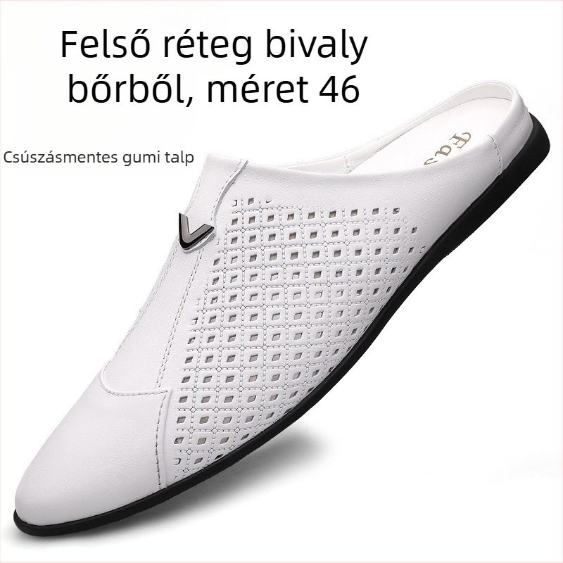 Férfi bőrpántos papucs zártujjúval és nyitott sarkúval, casual slip-on, gumitalp