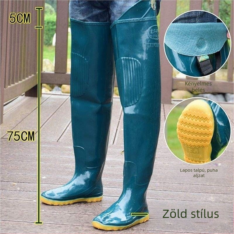 Térdig érő esőcsizma, magas szár, műanyag felsőrész, gumitalp, vízálló, csúszásmentes