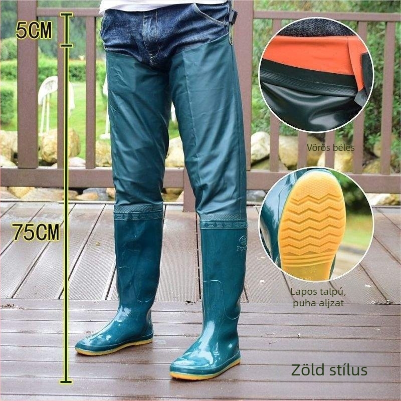Térdig érő esőcsizma, magas szár, műanyag felsőrész, gumitalp, vízálló, csúszásmentes