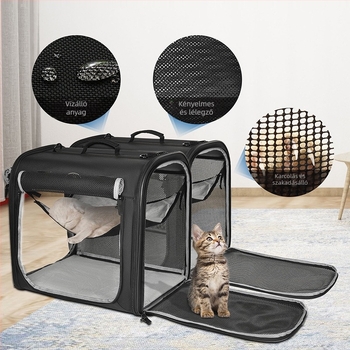 Wakytu Kisállat szállító táska, nagy kapacitású, légáteresztő poliészterből, többállat kapcsolható, vállon hordható, autóba szerelhető