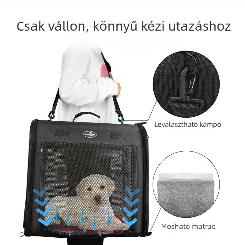 Wakytu Kisállat szállító táska, nagy kapacitású, légáteresztő poliészterből, többállat kapcsolható, vállon hordható, autóba szerelhető