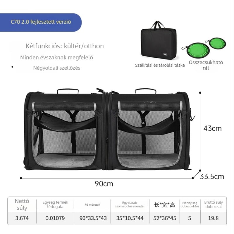 Wakytu Kisállat szállító táska, nagy kapacitású, légáteresztő poliészterből, többállat kapcsolható, vállon hordható, autóba szerelhető