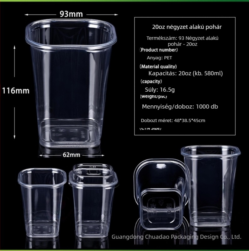 Pet93 négyzet alakú egyszer használatos tejteás pohár, 10–24 oz